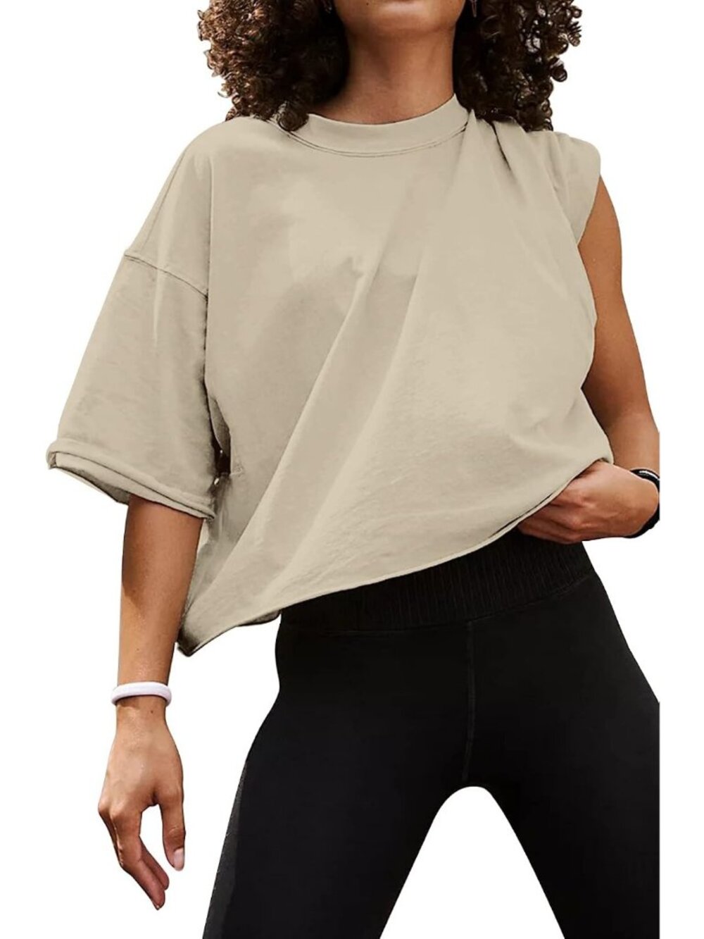 Women's Light Khaki Crew Neck Short Sleeve Crop Tops Casual Basic Tees Shirts